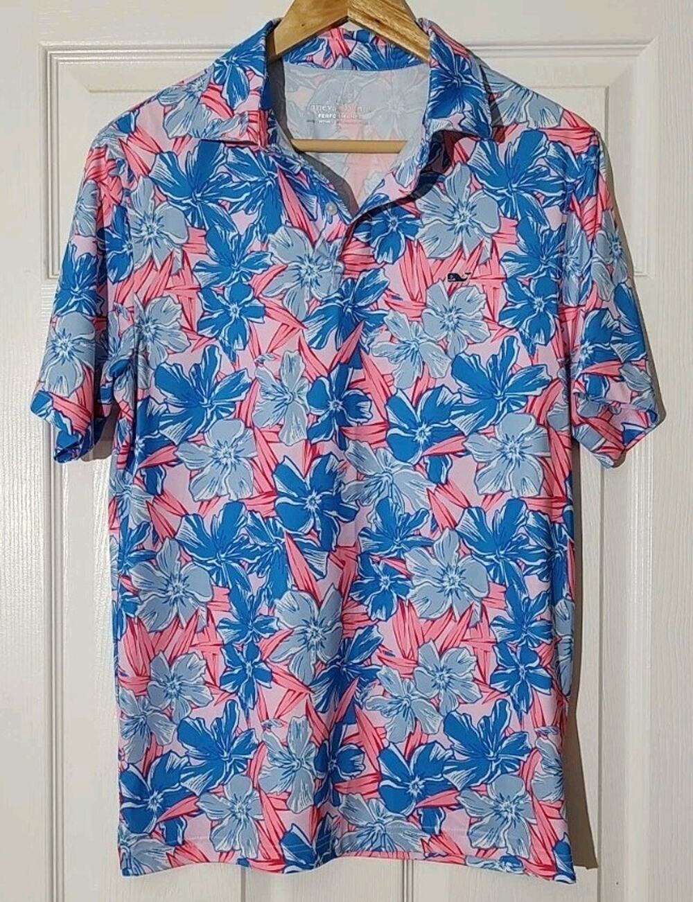 Men's Vineyard Vines Polo Shirt Pink Blue Floral Golf Performance Stretch - Smal